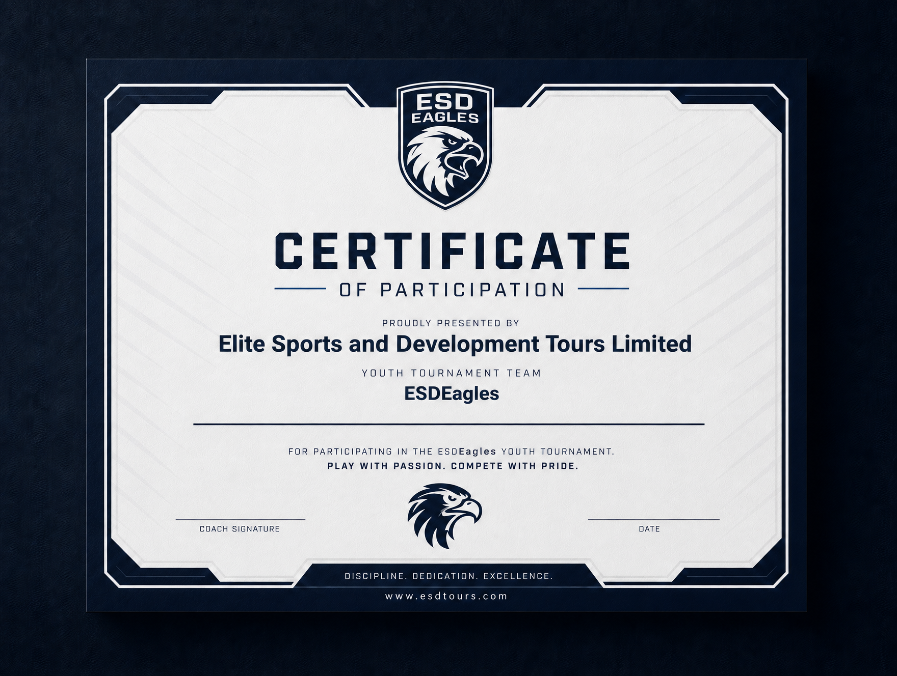Elite Sports and Development Tours certificate